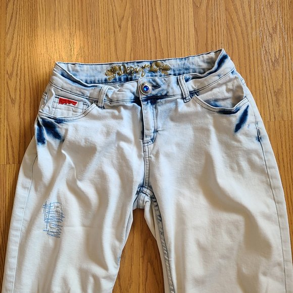 DESIGUAL EXOTIC JEANS 6 bleached patched stitched stretch denim cropped sz 30 - Picture 3 of 9